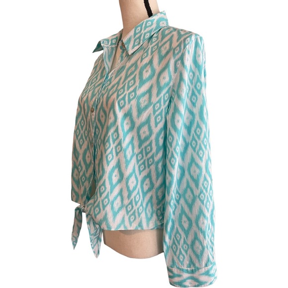 Chico's Blouse Women's Size Small Turquoise Ikat Print Tie Front Resortwear - Picture 3 of 5